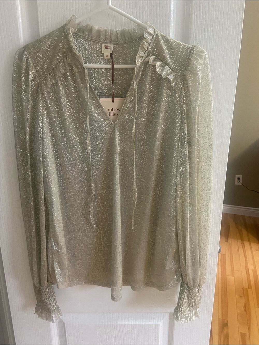 Les Autres Filles Shimmery Sage Green Ruffle-Trim Blouse